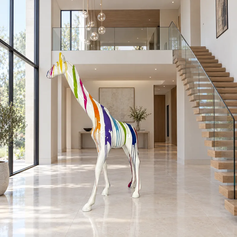 Weiße Giraffen-Skulptur mit Farbläufen in einem hohen, hellen Eingangsbereich