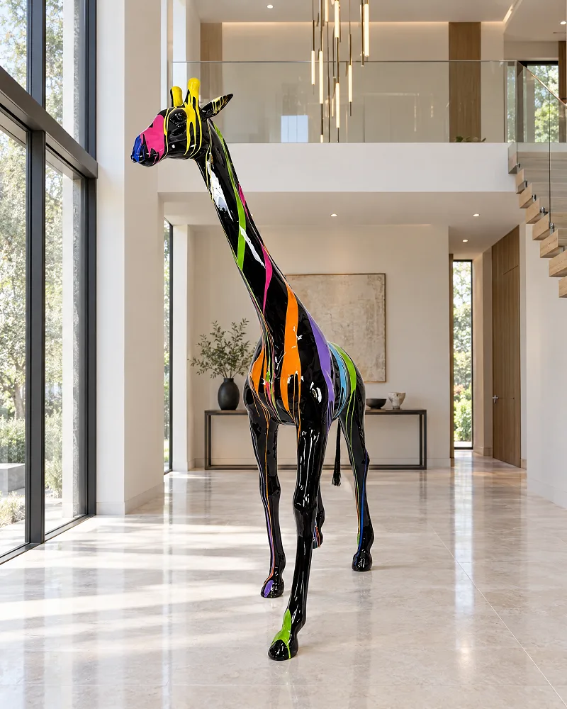 Große schwarze Giraffen-Skulptur mit bunten Farbläufen in einer hellen Eingangshalle